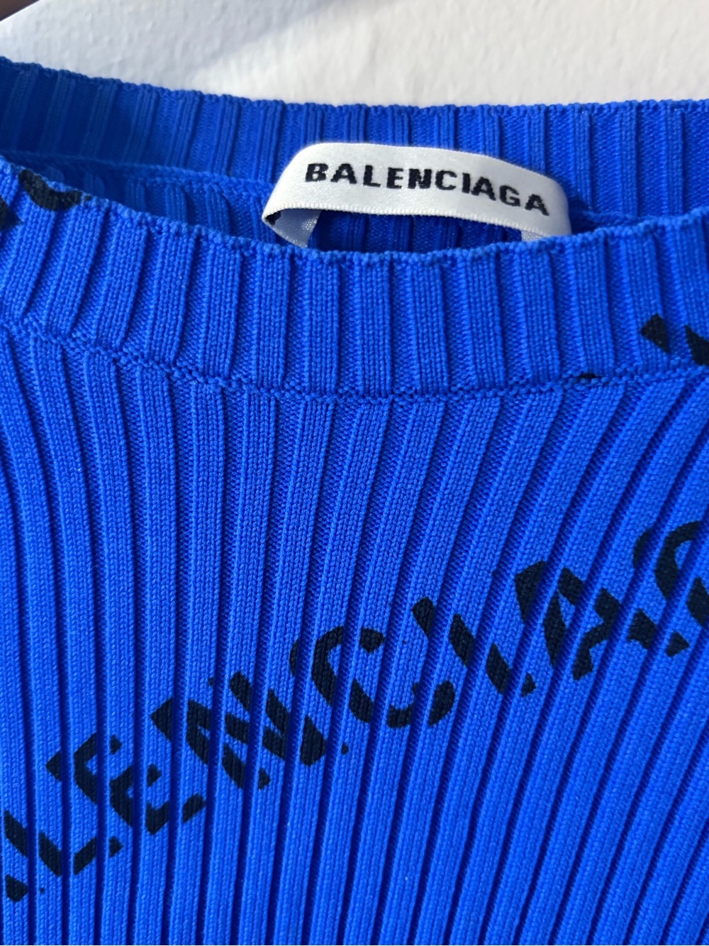Balenciaga Royal Blue Ribbed Logo Knit Top with Black Print - Picture 3 of 4